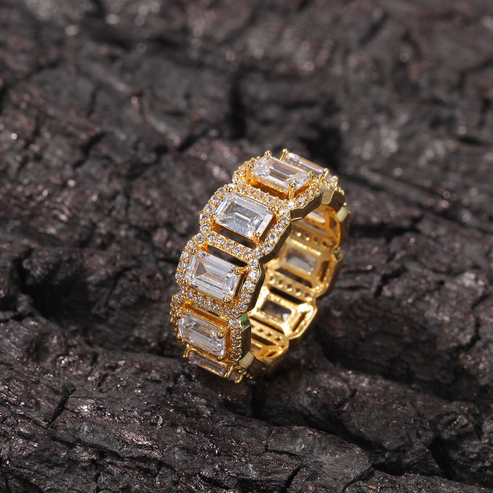 Hip hop jewelry oblong zircon ring-Gold